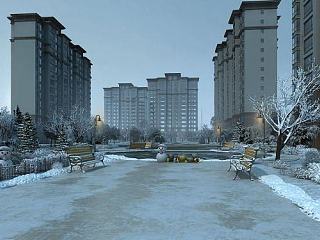 现代小区雪景透视模型