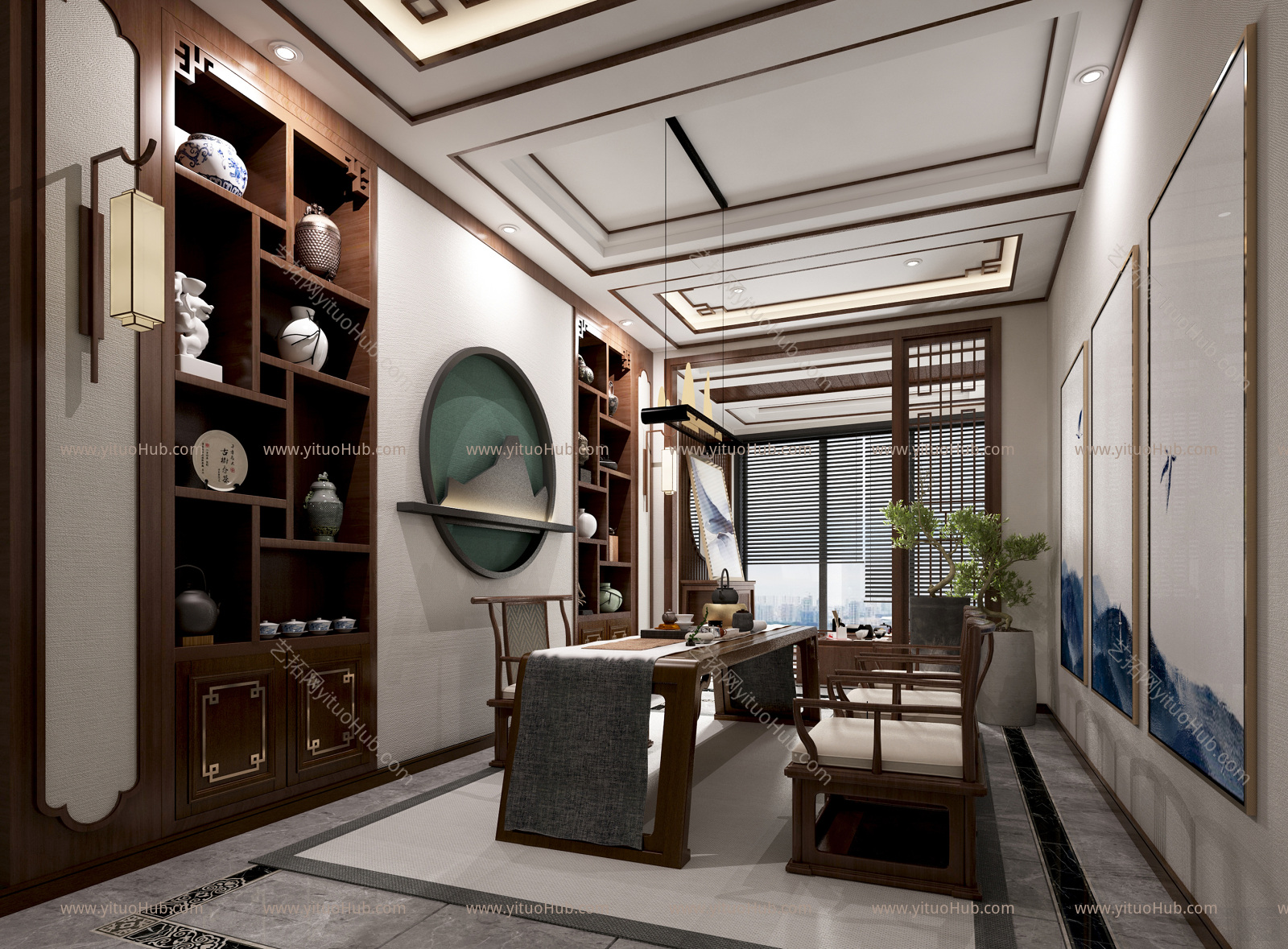 新中式书房 书柜 书房 书桌 吊灯 摆件 移门 挂画 壁灯 装饰品