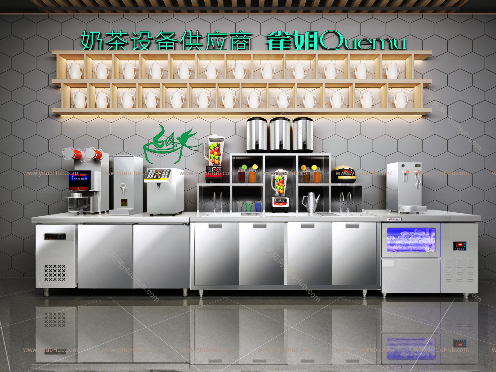 现代奶茶店工作台 餐饮设备 植物 洗手盘