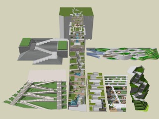 现代室外台阶_高差处理景观楼梯步_坡道水景_室外高台地景观 台地花池 台地跌水水景SU模型