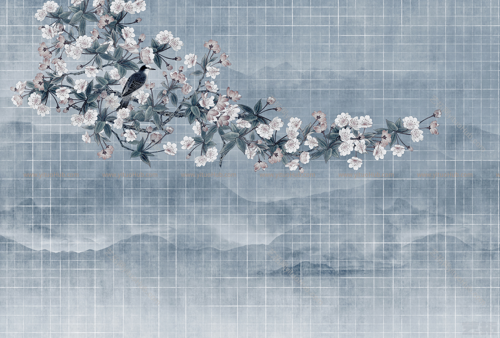 新中式蓝色水墨花鸟壁画贴图