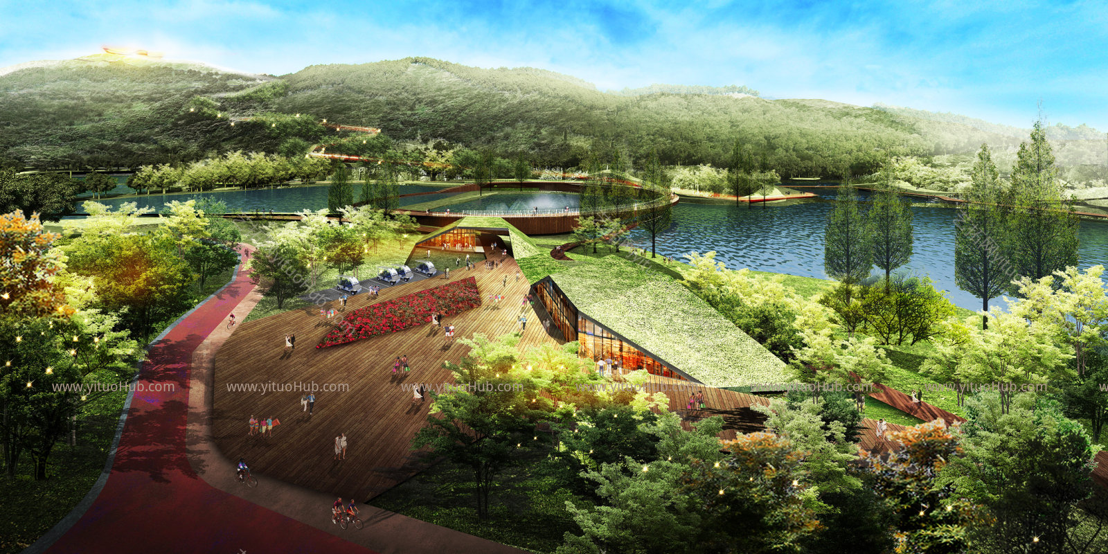 竞赛风森林山体公园环湖绿道景观鸟瞰图