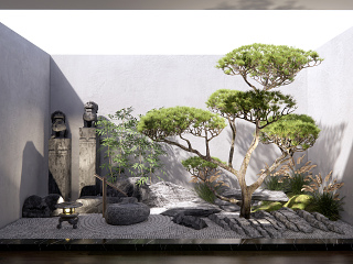 新中式景观造景 庭院景观小品 天井景观 石头假山 迎客松
