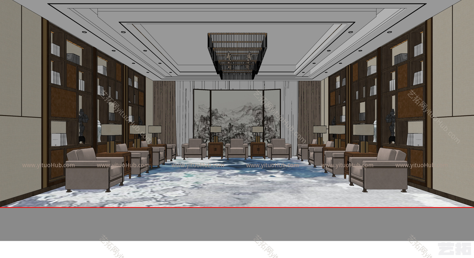 新中式贵宾接待室 、新中式单人沙发、水晶灯、新中式书架、新中式屏风画1