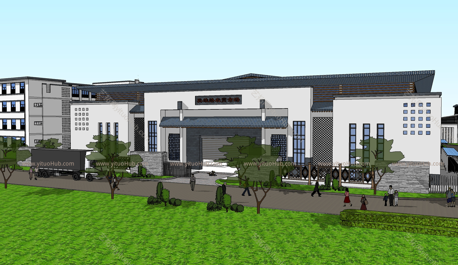 现代新中式徽派黑白灰农贸市场建筑sketchup模型