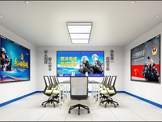 现代公安局 反恐精英部队 会议室 办公桌椅 吸顶灯 宣传挂画 门