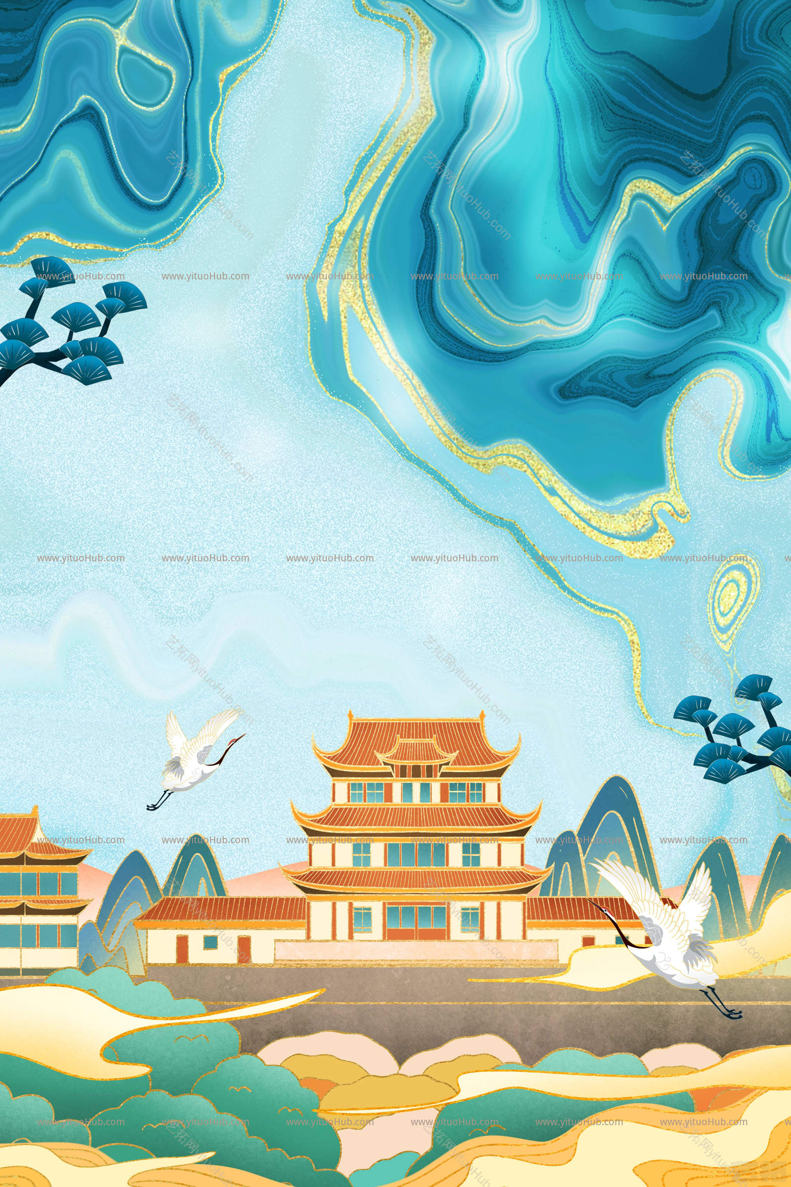 国潮风城市建筑地标插画