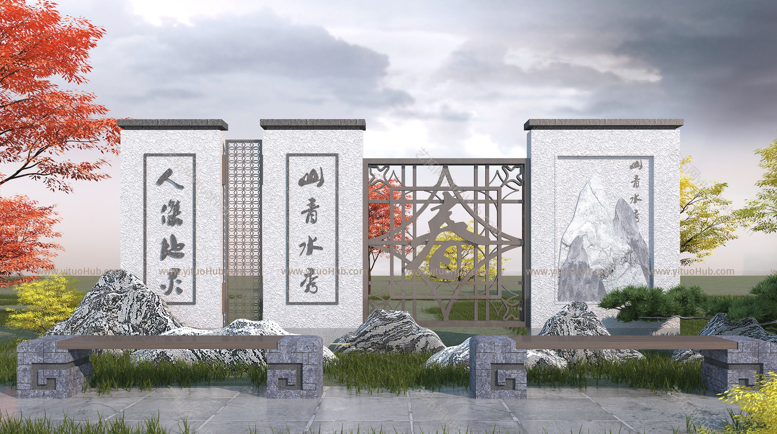 新中式园林景观墙