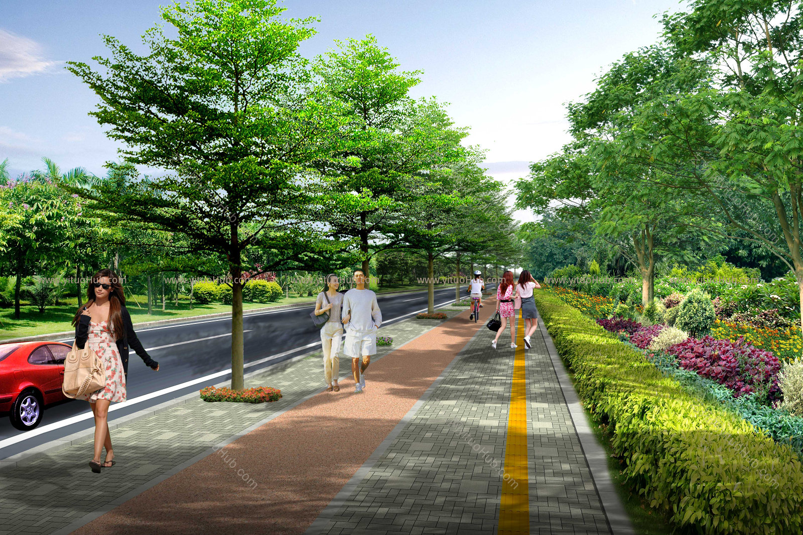  园林景观道路绿化透视图