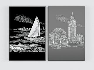 现代黑白线条装饰画模型