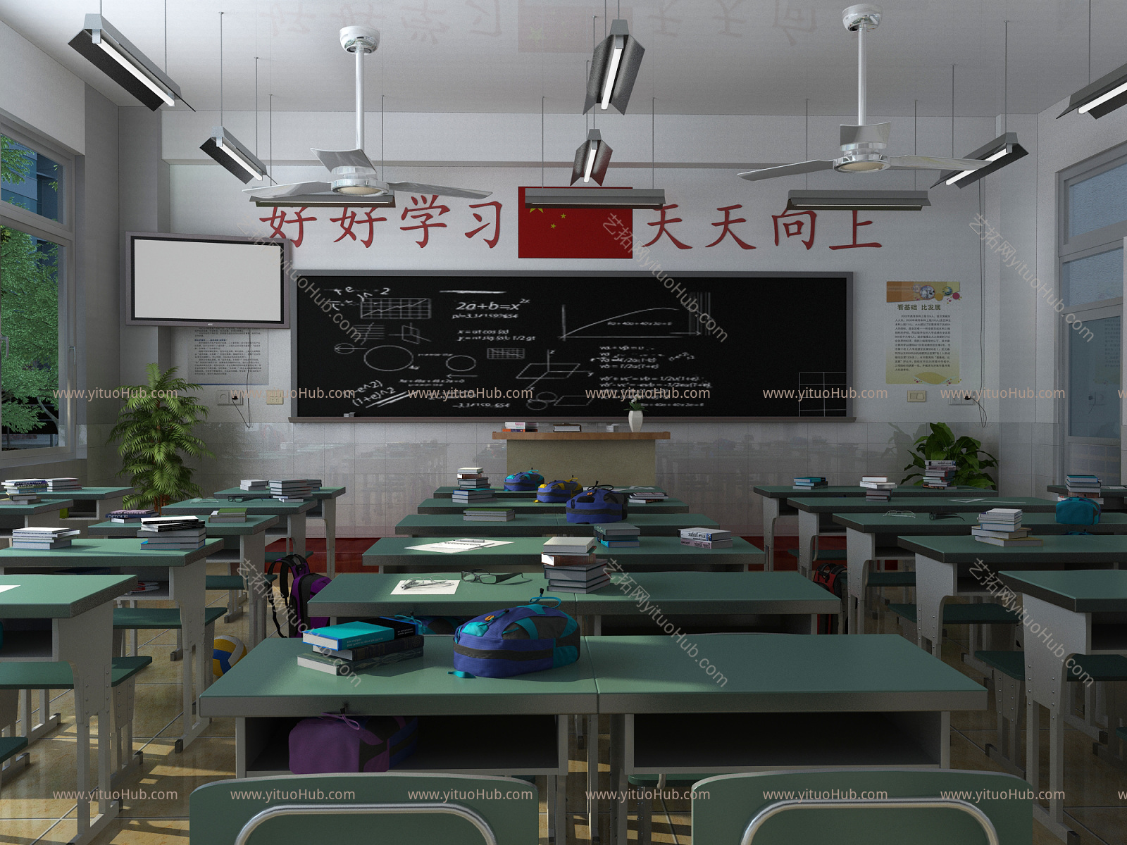 现代学校 教室 教学楼 课桌 书桌 讲台 黑板 国旗 椅子 窗户