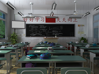 现代学校 教室 教学楼 课桌 书桌 讲台 黑板 国旗 椅子 窗户