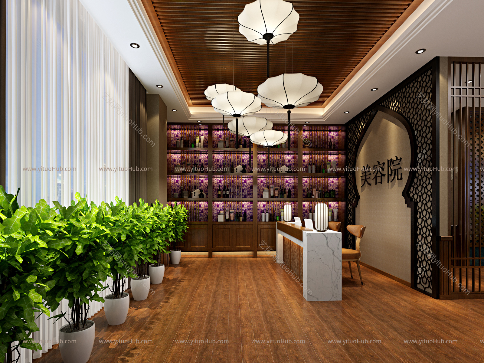 新中式美容院大厅 背景 沙发 吊灯 吧台 展示柜