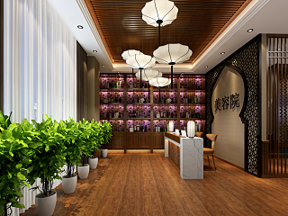 新中式美容院大厅 背景 沙发 吊灯 吧台 展示柜