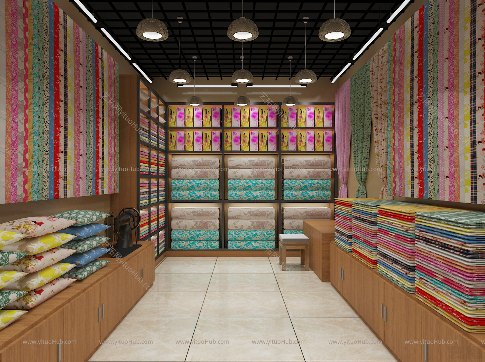现代布料店面 吊灯 凳子