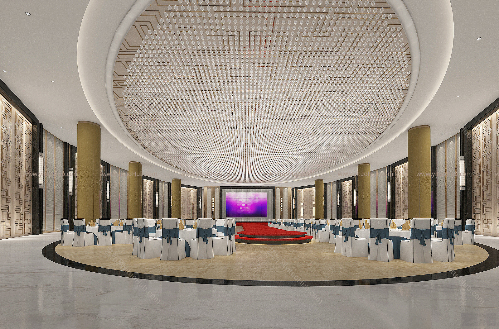新中式酒店宴会厅 婚礼大堂 婚庆走台 红地毯 餐桌