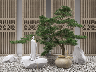 中式假山水景 雕塑人物 山石松树 景观小品