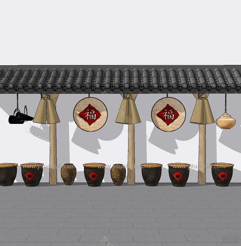 新中式乡村走廊围墙，酒缸，农具组合