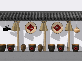 新中式乡村走廊围墙，酒缸，农具组合
