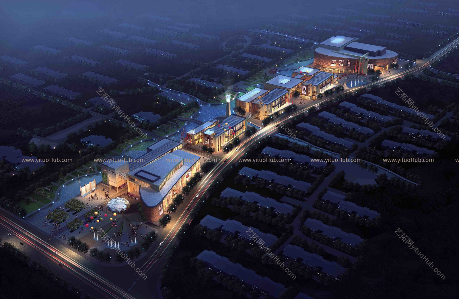商业建筑夜间鸟瞰效果图