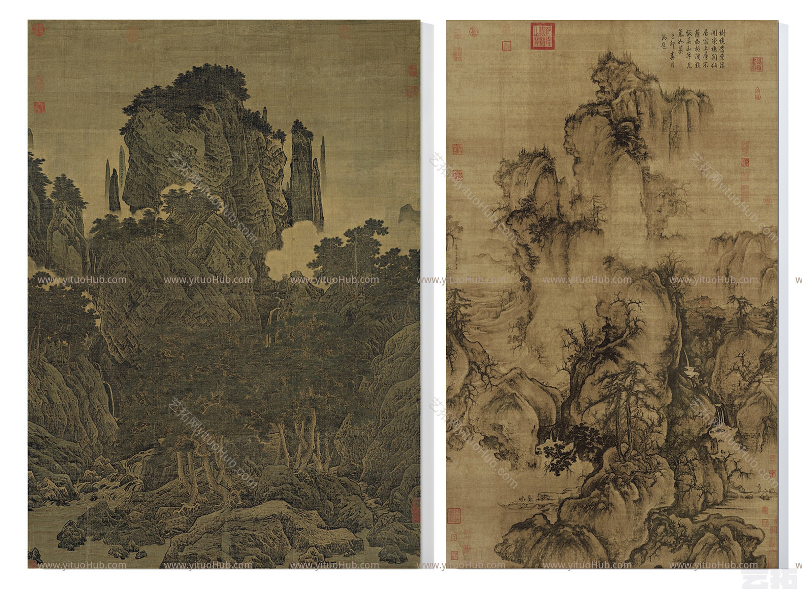中式传世名画 山石风景挂画组合
