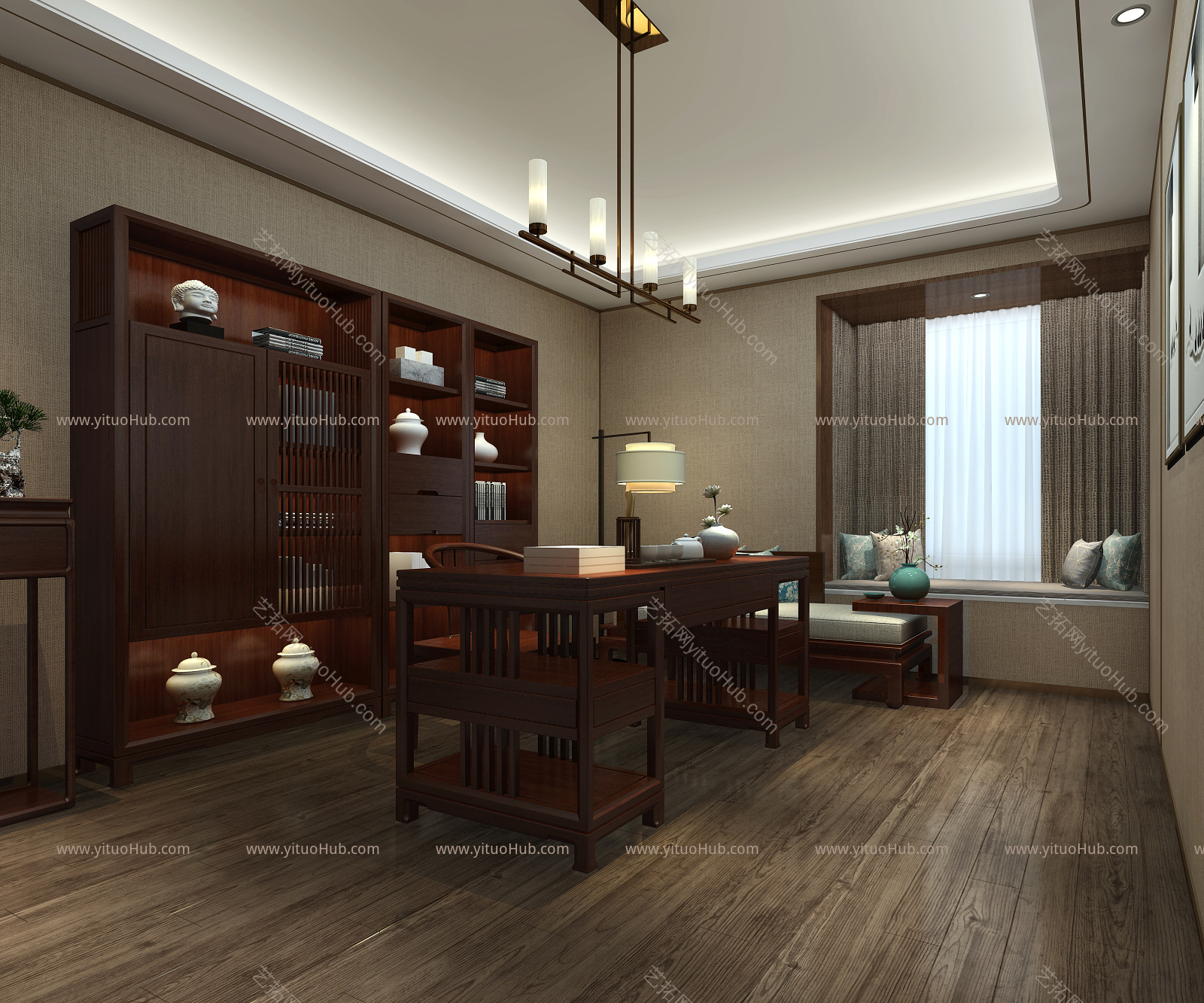新中式书房 书架 红木家具 飘窗 佛龛 落地灯 盆景