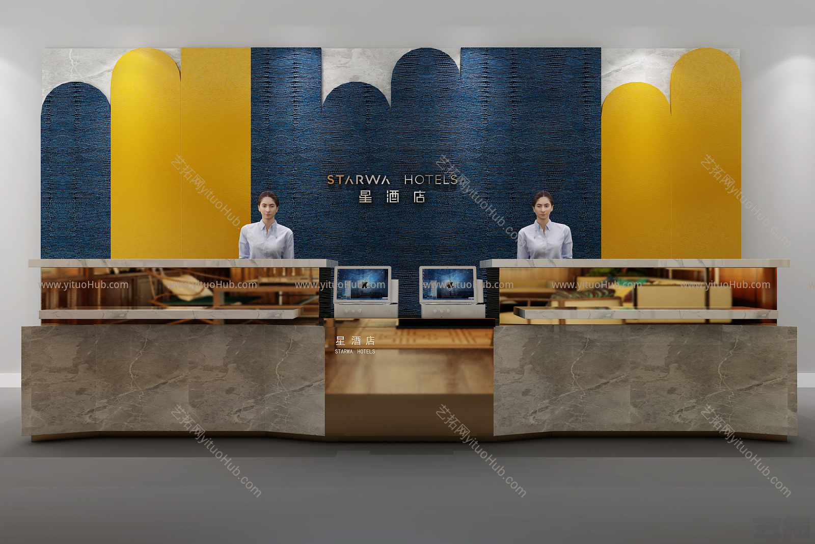 现代前台接待台 接待台 形象墙 商务酒店接待台 模特 吧台