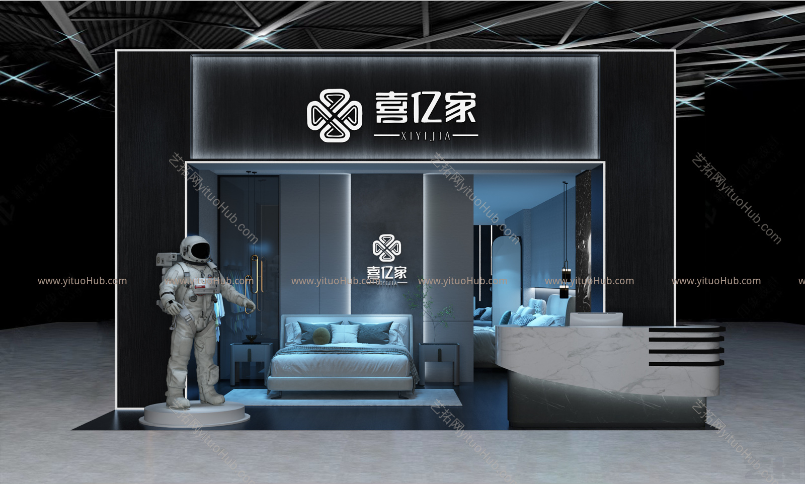 现代家具展厅 吊灯 床