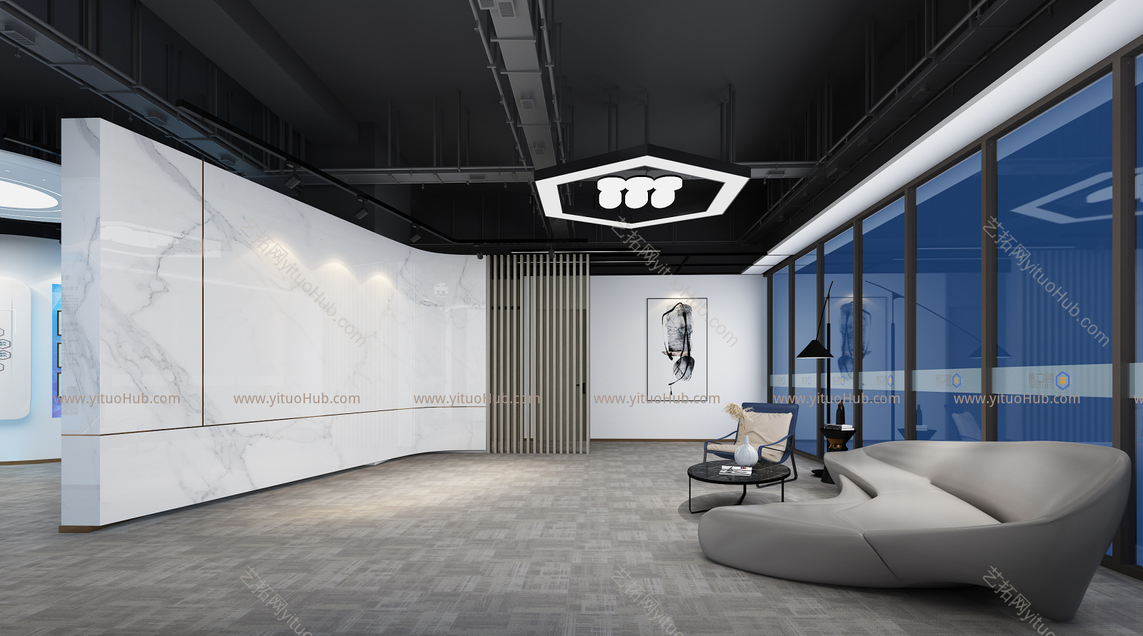 现代展厅 吊灯 展柜
