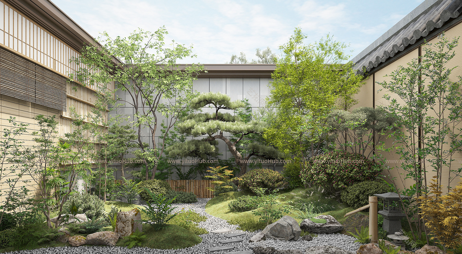 庭院景观，后院，景观园艺小品，植物堆，绿植树木，景观山石草坪，迎客松