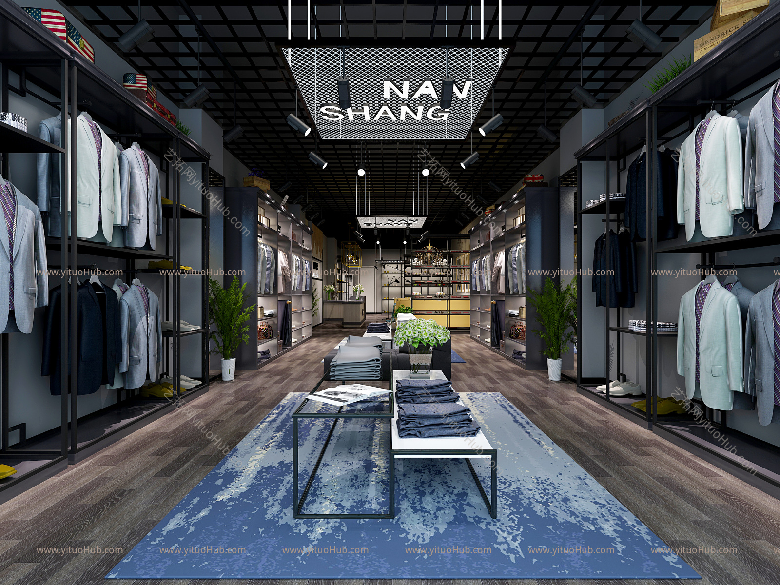 工业风服装店 岛台衣架