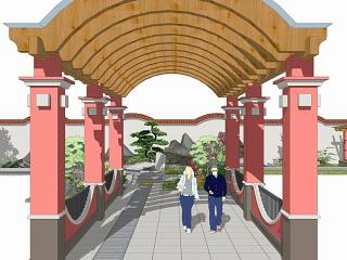 中式围墙建筑雕塑廊道