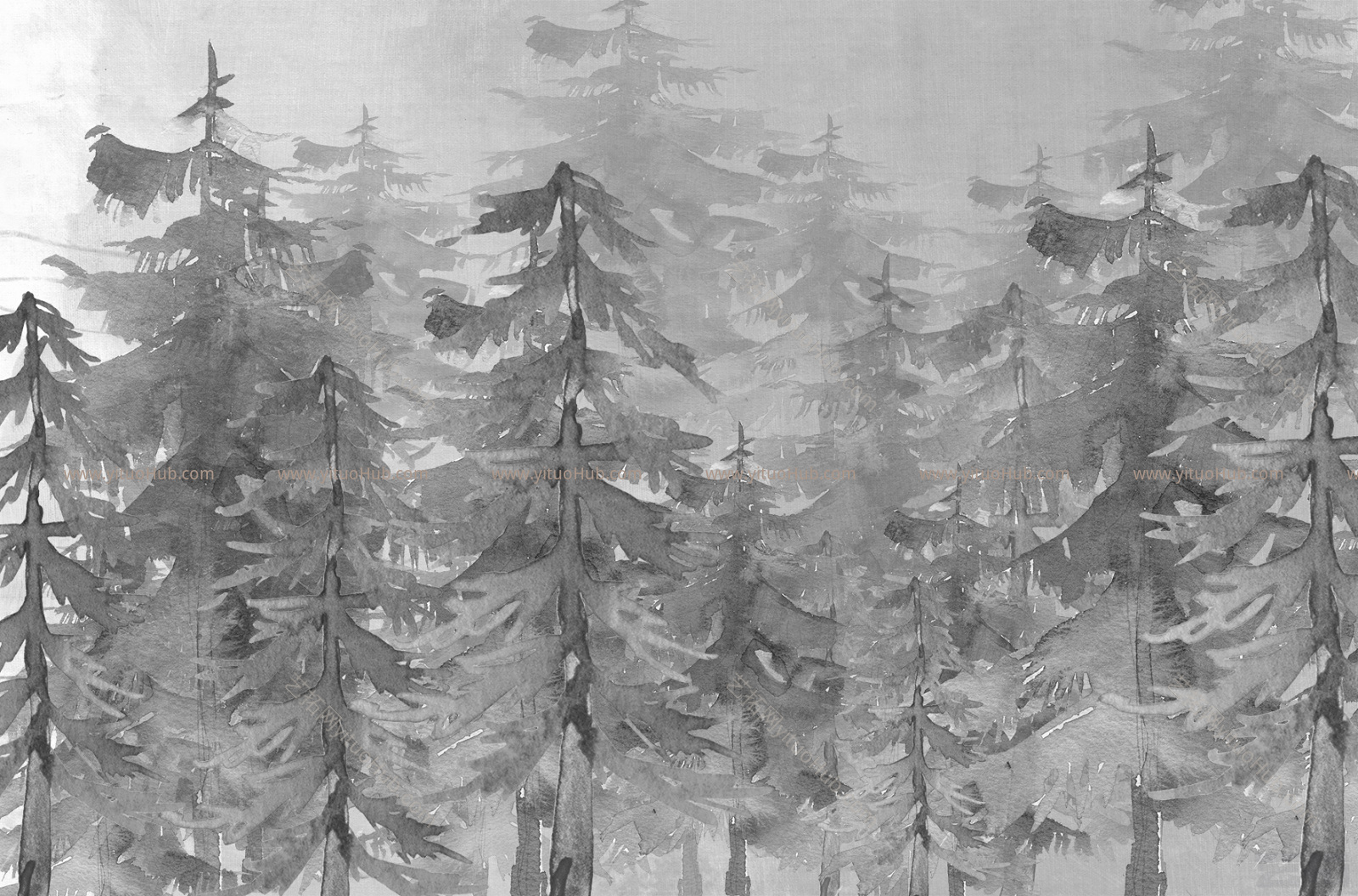水彩黑白植物壁画贴图