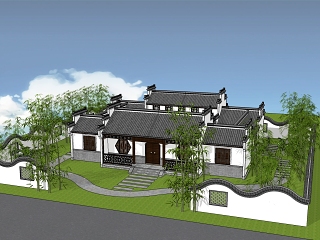徽派建筑 景观小品 庭院 古建筑 四合院 瓦片 竹子 石窗
