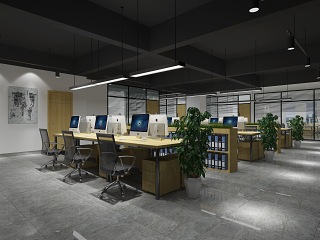 现代现办公室区域 办公桌椅 吊灯 资料架