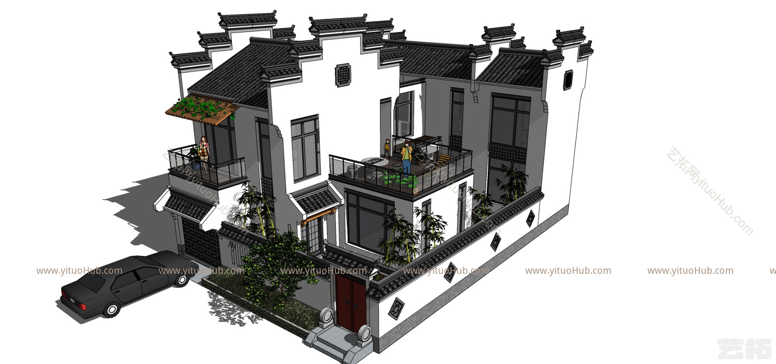 中式徽派建筑古建四合院，门头院墙，民宿度假村