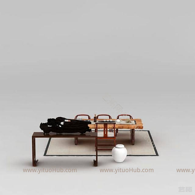 新中式茶室桌椅陈设品组合模型