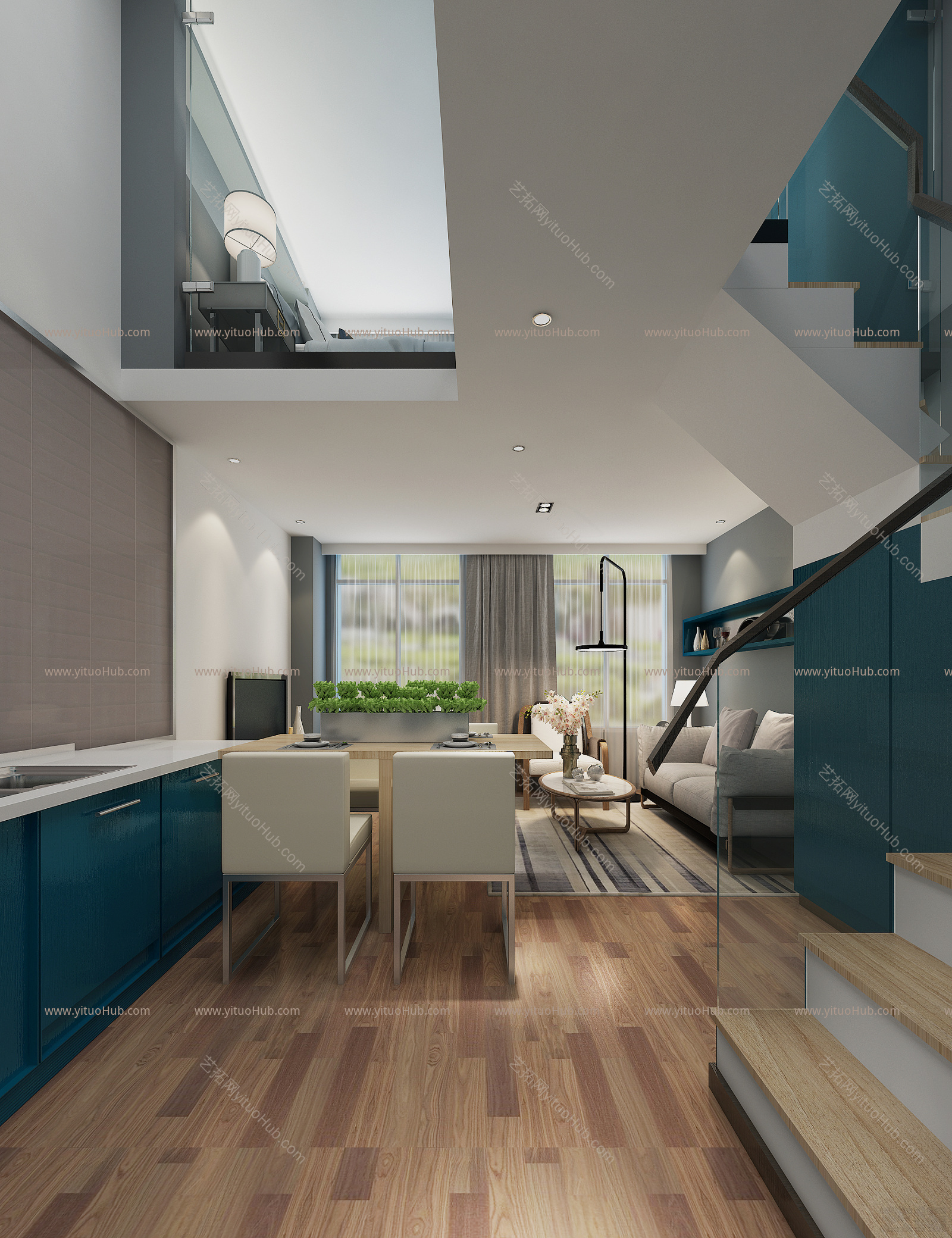 现代简约loft客厅 卧室 工作空间