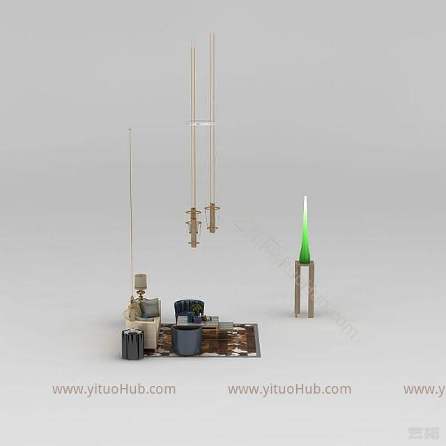 新中式沙发茶几吊灯组合模型