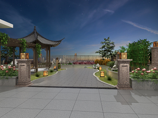 新中式风格花园阳台 屋顶花园 景观灯 凉亭