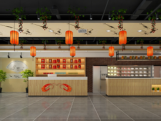 新中式 大虾火锅店 灯笼吊灯卡座吧台酒柜冰箱选餐柜餐桌椅壁画