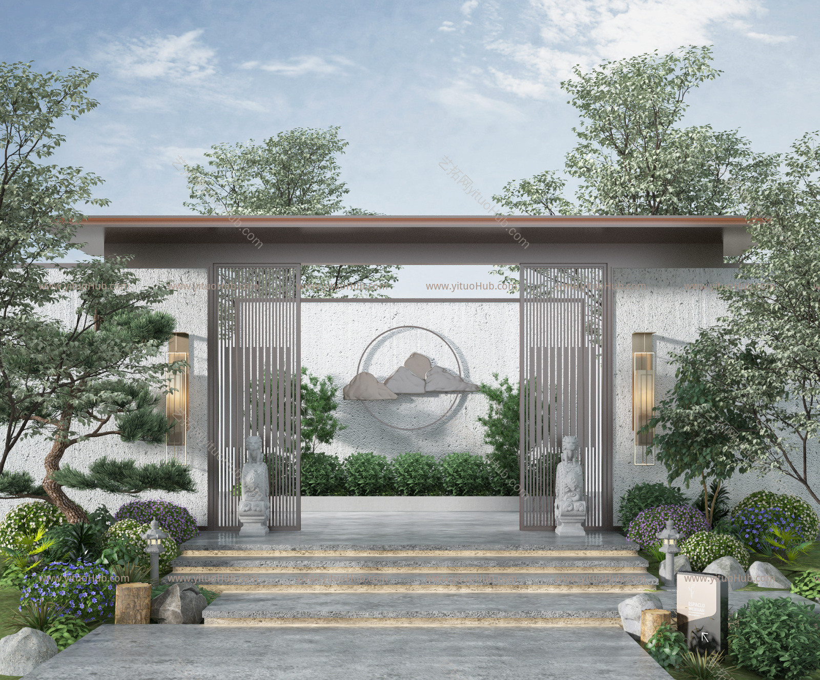 新中式庭院景观 入口大门 花园