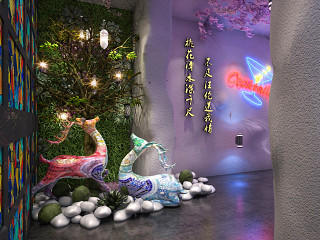 现代麋鹿 植物 树 桃花 石头 走廊 过道 装饰品