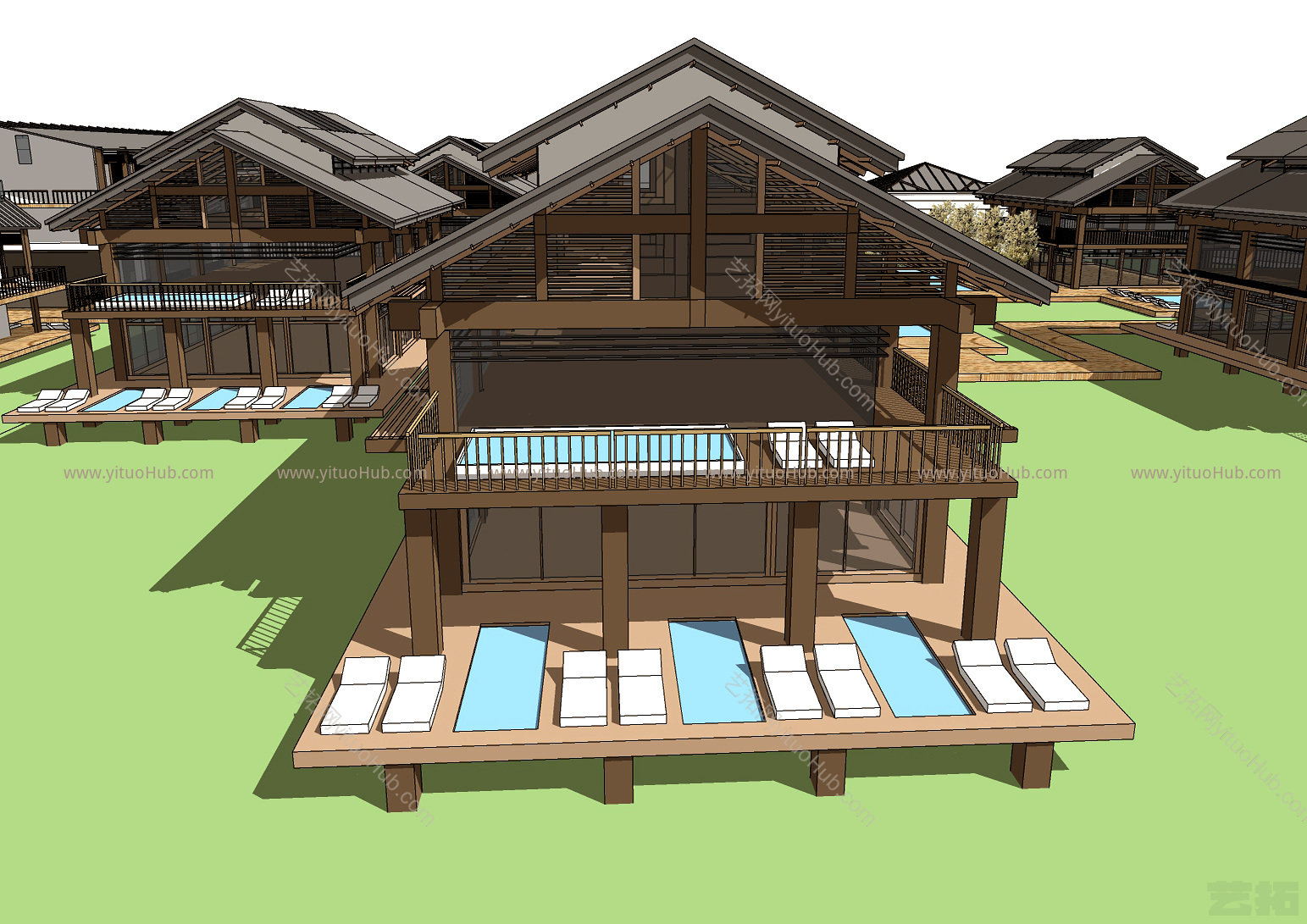 新中式风格仿古温泉会所 旅游民宿酒店室外 船屋 建筑 泳池 湖