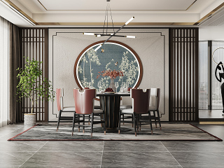 新中式餐厅 餐桌椅 绿植
