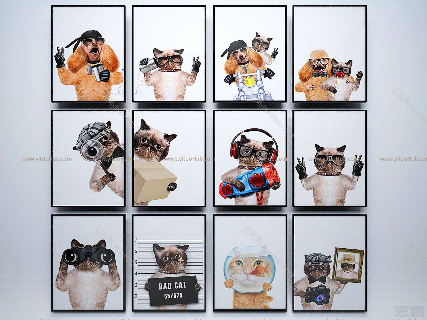 现代猫狗动物装饰画模型