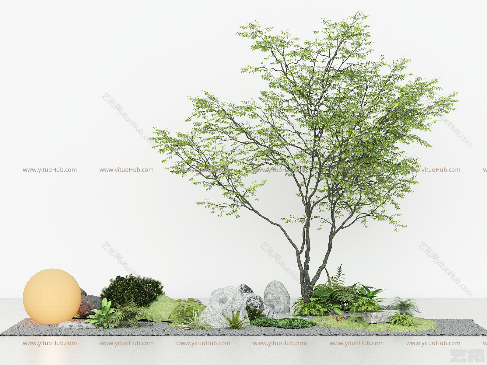 室内外造景，园艺景观小品，绿植景观石头，山体山石，植物堆，树木，发光星球