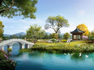 公园生态滨水湿地植物拱桥效果图