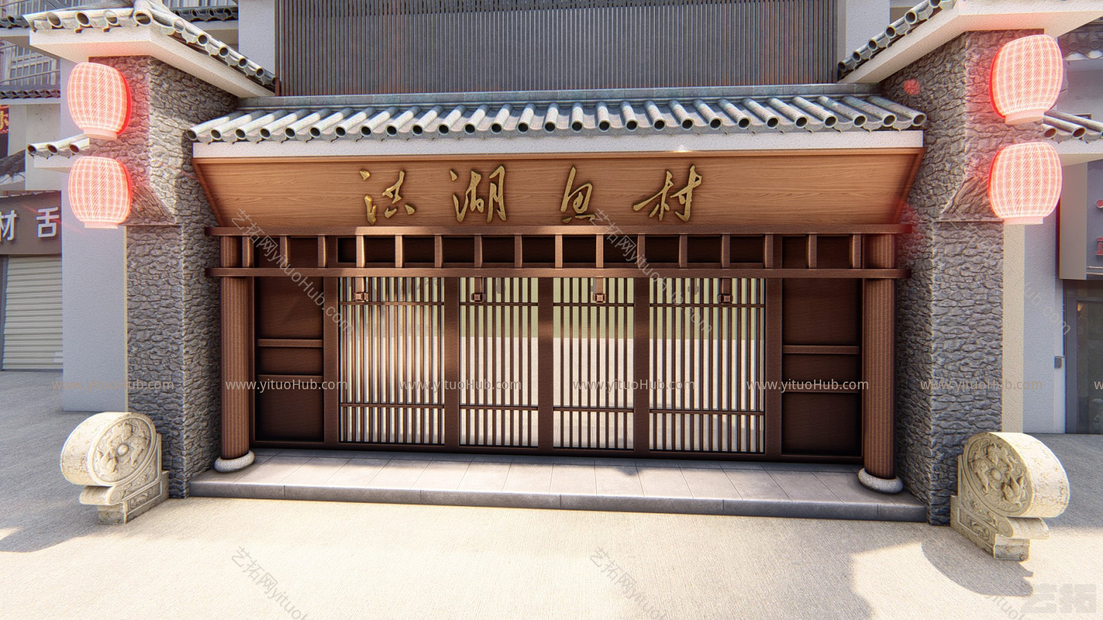 中式餐厅门头抱鼓石灯笼室外 楼梯 壁炉 四柱床 床