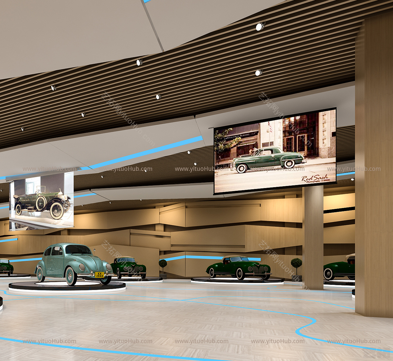 现代科技感展厅，汽车，圆形展台，道奇车，旧汽车，展厅，吊灯，筒灯，展台